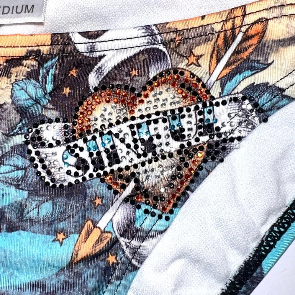 Sinful by Affliction Bikini Bottom Studded Heart Tiger Rhinestone Blue M